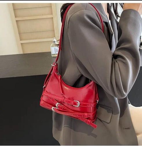 High Fashion Vintage Multi Buckle Detail Shoulder Bag